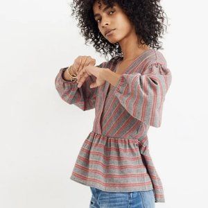 Madewell Peplum Blouse Top Gray Red Stripe Faux Wrap XXS